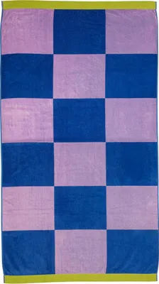 A checkered beach towel with blue and purple squares and a green border.