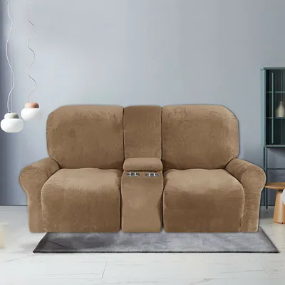 Produktbild von 8-teiliger Stretch Samt Hussen Recliner Sofabezug mit Getränkehaltern,Dicke Plüsch Liegesofa 2-Sitzer Recliner-Abdeckung,Hellbraun