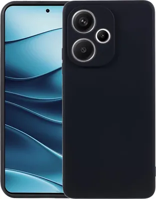 A black smartphone case is shown next to a smartphone with a blue abstract wallpaper.