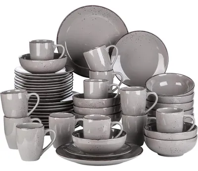 Produktbild von Tafelservice Set für 12 Personen, 48-teilig, Steingut, Vintage Natur Design, Grau
