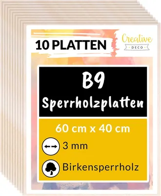 Produktbild von Creative Deco 10 x Holz-Platte | 600 x 400 x 3 ( +/- 0,5 ) mm | Dünne Sperrholz-Zuschnitte | Perfektes Blatt für Laubsäge, Brandmalerei, Laserschnitt, CNC Router, Durchbrochenes