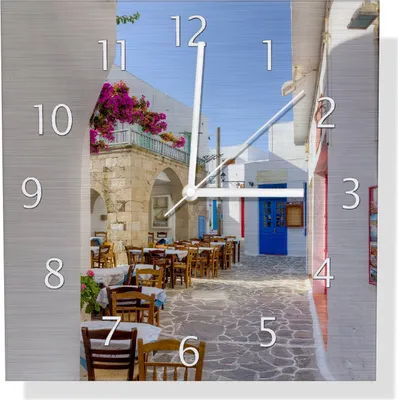 Produktbild von Wallario Design Wanduhr Gasse in Griechenland aus Aluverbund, Größe 30 x 30 cm