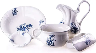 Produktbild von Altes Waschset aus Keramik mit blauen Blumenmuster Vintage Krug, Waschschüssel, Nachttopf, Seifenschale, und Kammschale
