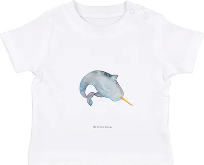 Produktbild von Mr. & Mrs. Panda Babyshirt Narwal 0. - 6. Monat - Weiß - Geschenk, Wal, Organic Baby Shirt, Kinderzimmer, Kinder Oberteil, Hausfrau, Jerseyshirt, Meer,  T-Shirt