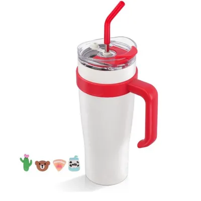 Produktbild von Isolierbecher 1200ml mit Strohhalm – Edelstahl Thermobecher mit Griff & Auslaufsicher-Weiß