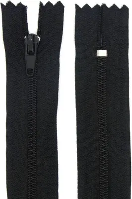 Two views of a black zipper, one closed and one open.