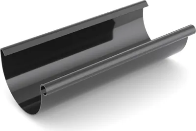 A black plastic gutter section shown in a studio setting against a white background.