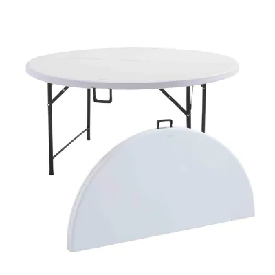A white round folding table is shown in its open state, with its folded half-table displayed below it.