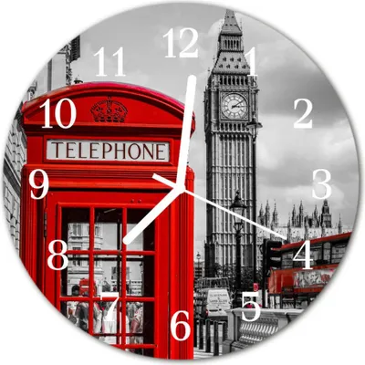 Produktbild von Glasuhr Wanduhr Küchenuhr Echt-Glas 30fi cm Rote Telefonzelle rot