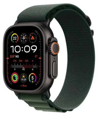 A close-up, studio shot of an Apple Watch Ultra 2 with a green sport band, displayed at an angle against a light gray background.