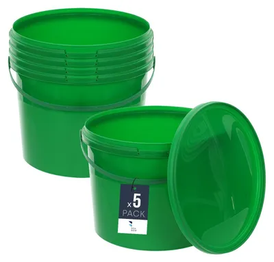 Immagine prodotto di Secchio BenBow con coperchio 10L x5 verde - sicuro per gli alimenti, robusto, ermetico, a prova di perdite, inodore - secchio in plastica con manico - vuoto