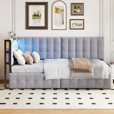 Produktbild von okwish Schlafsofa 90X200 Gepolstertes Sofa mit Schlaffunktion,Kinderbett mit 2 Schubladen und LED Leselampe,USB und Type-C Anschluss,Hellgrau