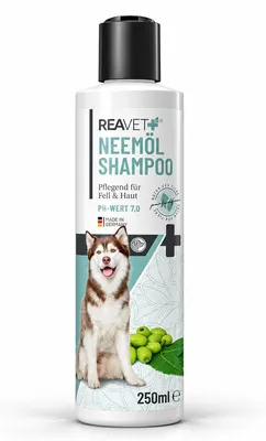 Produktbild von REAVET Neemöl Shampoo für Hunde 250ml - Hundeshampoo gegen Juckreiz, Milben, Flöhe, Zecken, Hautfreundlich, Pflegend & leicht kämmbar, Fellpflege & Fellglanz, Angenehm im Geruch