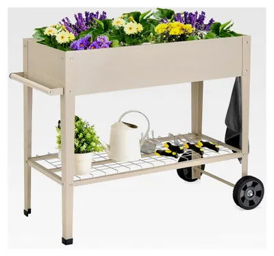 Produktbild von Hochbeet mit Rollen, erhöhtes Gartenbeet mit Ablage, Griff, Haken & Drainageloch, mobiles Pflanzbeet aus Metall für Garten, Terrasse & Balkon (Weiß)