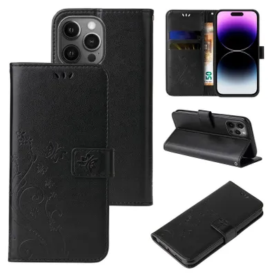 Collage of images showing a black flip phone case for an iPhone 14 Pro Max, with floral and butterfly embossing. Different angles and views of the case are displayed, including it open, closed, and in a stand position.