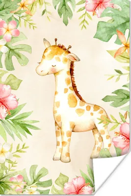 Produktbild von MuchoWow® Poster Giraffe - Aquarell - Blumen 40x60 cm - Plakate für die Wand - Poster Babyzimmer