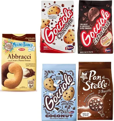 Produktbild von Pavesi Barilla Kekse Gocciole Testpaket Chocolate Dark Coconut biscuits + Mulino Bianco Pan di stelle Abbracci 350g
