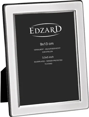 A silver-colored photo frame with black insert displaying product information.