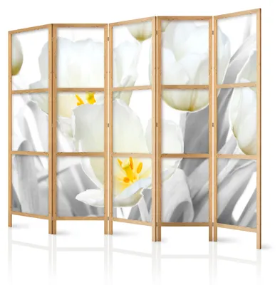 Immagine prodotto di Pannello divisorio giapponese, 5 ante, pieghevole, realizzato in tessuto non tessuto di alta qualità, con motivo di fiori bianchi, ideale per il soggiorno, dimensioni 225 cm x 172 cm
