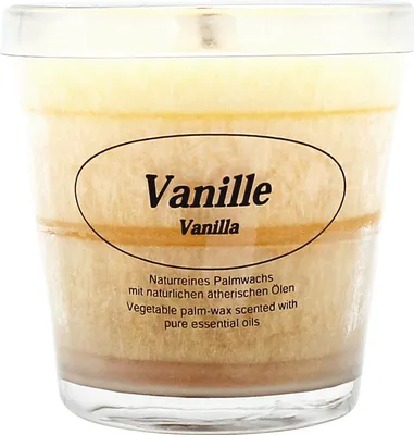Produktbild von Duftkerze im Glas, 100% pflanzliches Stearin, Vanille, KERZENFARM HAHN, mit reinen ätherischen Ölen, Brenndauer ca. 24h