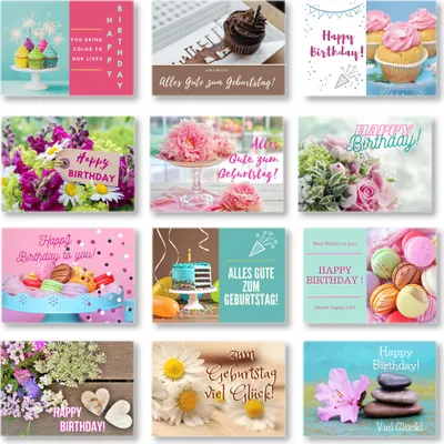 Produktbild von Domelo Geburtstagskarten 12er Set mit Umschlag, Happy Birthday Postkarten, Kraftpapier Karten zum Geburtstag, Geburtstagskarte für Mann/ Frau/ Kinder, Postkarte als Grußkarten