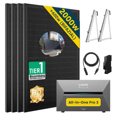 Produktbild von ALLDREI Balkonkraftwerke mit Anker Solix Solarbank 3 E2700 Pro ,Komplettset mit 4x500W Bifazialer Solarpanel & Smarten Zähler