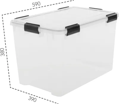 A clear, studio shot of a transparent storage box with black latches.