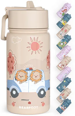 Produktbild von Trinkflasche Kinder Edelstahl mit Strohhalm, Thermosflasche 400ml - BPA frei, auslaufsicher, Kleinkinder, Mädchen & Jungen Wasserflasche-Polizei braun