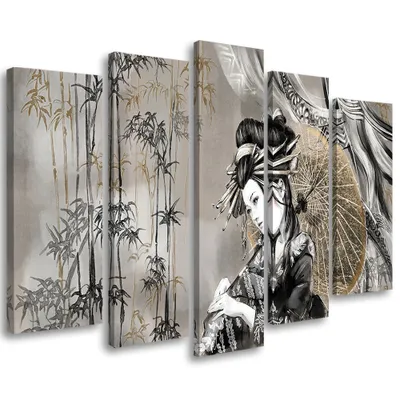 Produktbild von 5-teiliges leinwandbild geisha und bambus 100x70 cm Feeby grau wandbild bereit zum aufhängen
