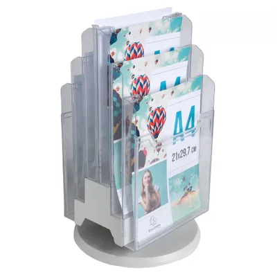 Zdjęcie produktu dla Stojak na ulotki, obrotowy, z polistyrenu, format A4, wymiary 31,5x31,5x46,5 cm, Exacompta, model 60558D