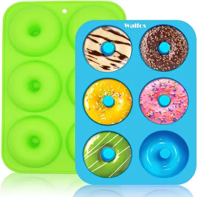 Immagine prodotto di Forme in silicone a forma di ciambella, confezione da 2 pezzi, antiaderenti, ideali per la preparazione di torte, biscotti, bagel, muffin. Capacità: 6 porzioni. Adatte al lavaggio in lavastoviglie, al forno e al microonde