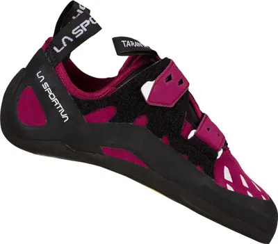 Klett-Kletterschuh "Tarantula Woman" von La Sportiva in Pink und Schwarz; seitliche Ansicht.
