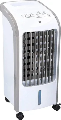 A white and gray mobile air cooler with a water tank and control panel.