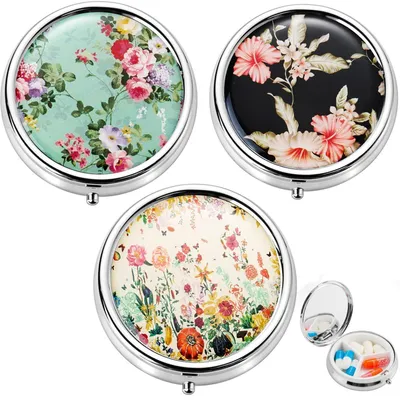 Zdjęcie produktu dla Pojemnik na tabletki, metalowy, okrągły, z 3 przegródkami i lusterkiem, 3 sztuki, średnica 5 cm