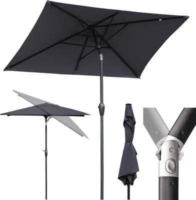 A dark gray rectangular patio umbrella is shown in various states: fully open, partially open, folded, and a close-up of its pole connection.