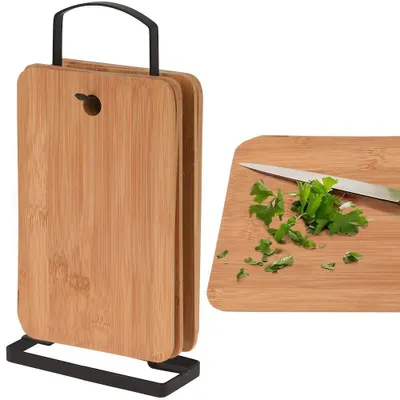 Produktbild von Excellent Houseware Frühstücksbrettchen | Schneidebretter aus Bambusholz + Metallständer 6 Stück