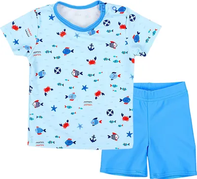 Produktbild von Aquarti Baby Jungen Bade-Set Zweiteiliger Kinder Badeanzug T-Shirt Badehose UV-Schutz, Farbe: Kleine Fische Hellblau / Blau, Größe: 92