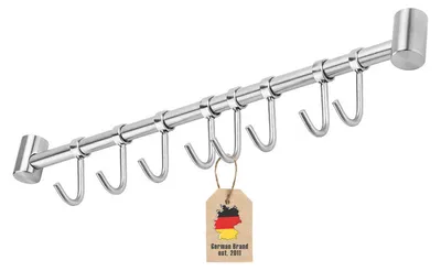Produktbild von Intirilife Edelstahl Küche Hängeleiste mit 8 Haken - Küchen Reling Hängeleiste Küchenstange Wandhalterung