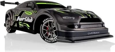 A black and green remote-controlled drift car is shown from a front-side angle against a white background.