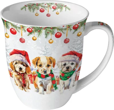 Produktbild von Tasse 10cm Porzellan 0,4L mit Weihnachtswelpen Motiv