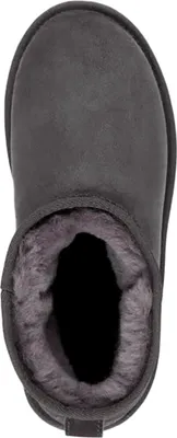 A top-down view of a gray boot with gray fur lining.