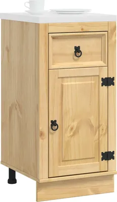 A wooden cabinet with a drawer and a door, placed on a white surface.