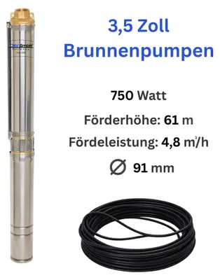 Produktbild von CHM GmbH® Tiefbrunnenpumpe 3,5 Zoll Ø 9,1 cm, Brunnenpumpe 750 Watt 4800 L/h 6,1 Bar Tauchpumpe
