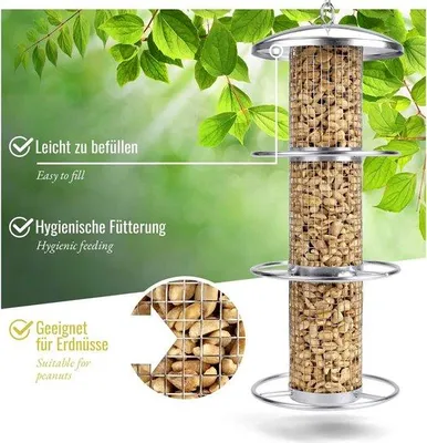 Imagen del producto de Estación de alimentación para pájaros Famanu, 38 cm, metal. Comedero para aves silvestres, recargable, utilizable durante todo el año [plateado]