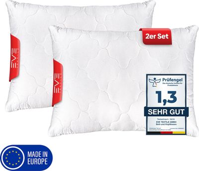 EVE Textile® Kopfkissen 2er Set 50x70 cm Bis 60° Waschbar Steppkissen Schlaf-Kissen mit abnehmbarem Bezug & hochwertiger Kissenfüllung Bett oder Deko