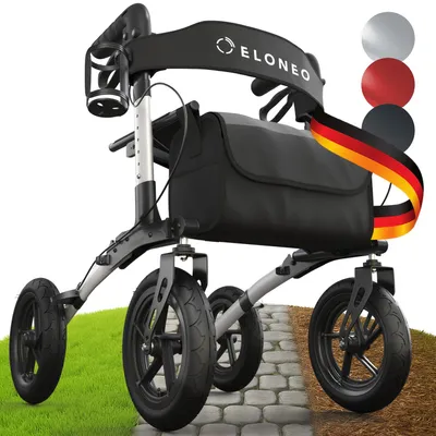 Produktbild von ELONEO Rollator faltbar mit Sitz, Outdoor Rollator mit Luftbereifung inkl. Sitzfläche, Rückengurt, höhenverstellbare Gehhilfe aus Aluminium