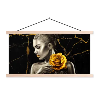 Produktbild von MuchoWow® Textilposter Frauen - Rosen - Gold - Marmor 60x30 cm mit holzfarbenen Rahmen - Dekoration