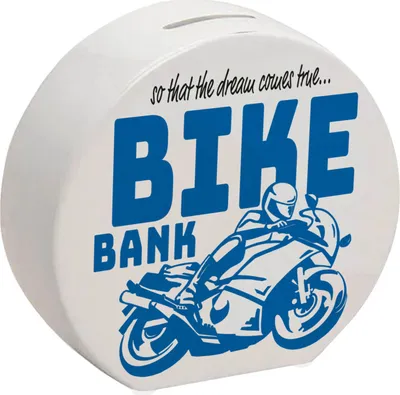Produktbild von Bike Bank Spardose in blau zum Thema Motorradkauf und Motorrad fahren