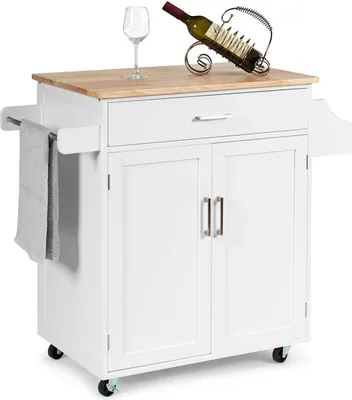 Produktbild von Küchenwagen, Servierwagen mit Abschließbaren Rädern, Küchentrolley mit Schublade, Verstellbarem Regal, Handtuchhalter und Gewürzregal, Beistellwagen für Küche Esszimmer Wohnzimmer (Weiß)