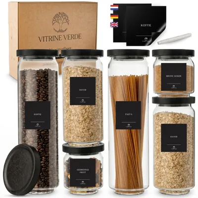 6er Set Vorratsgläser Glas luftdicht mit schwarzen Holzdeckeln